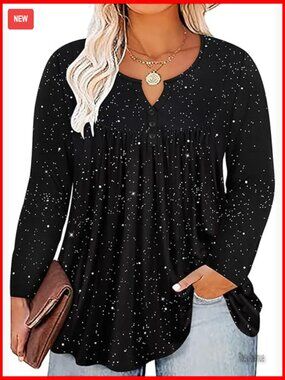 Plus Size Long Sleeve V Neck Tunic Henley Top for Women